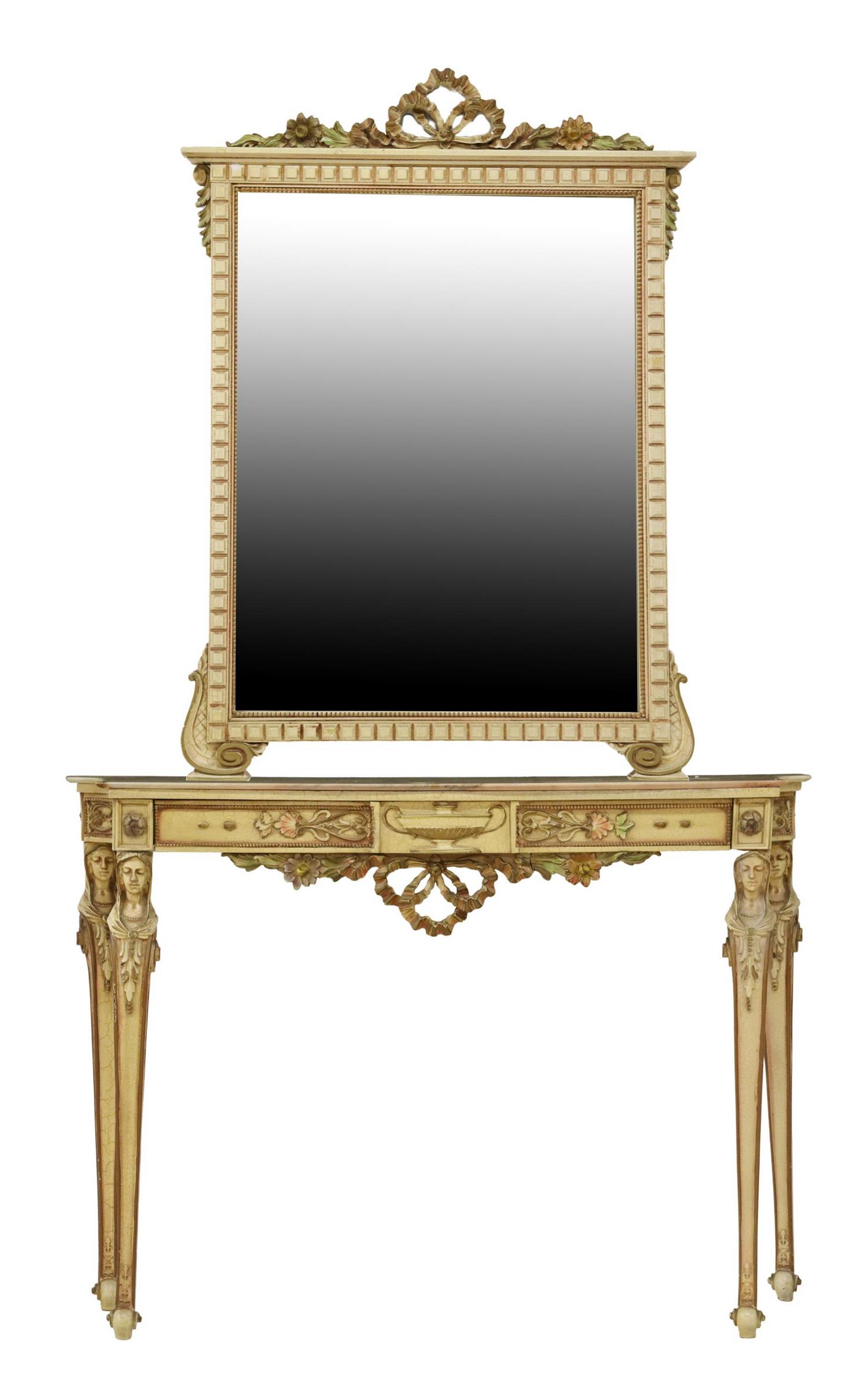 ITALIAN PAINTED CONSOLE TABLE & MIRROR: Italian painted console table and mirror, 20th c., ribbon bow crest, beaded molding framing the flat mirror plate, onyx-top table with sealant, figural cabriole legs, ending in whorl feet, restoration
