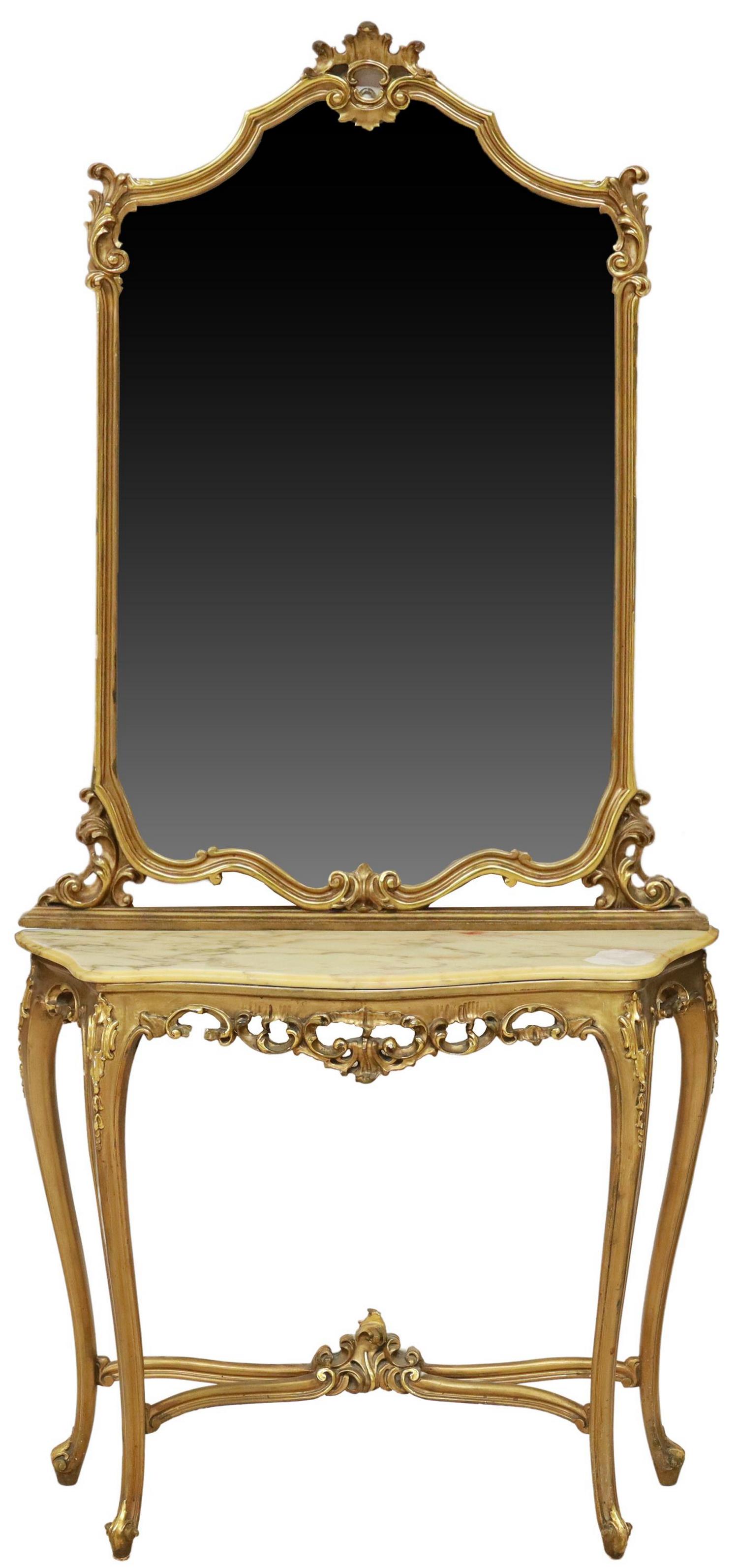 LOUIS XV STYLE GILTWOOD CONSOLE TABLE & MIRROR: Louis XV style console table and mirror, 20th c., rocaille crest, flat mirror plate, onyx-top table, openwork apron, rising on cabriole legs, joined by x-form cross stretcher, ending in whorl feet, so