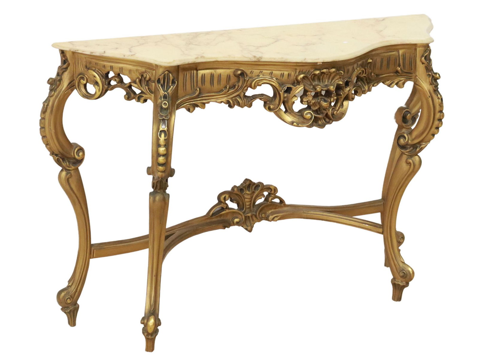 ITALIAN LOUIS XV STYLE MARBLE-TOP CONSOLE TABLE: Italian Louis XV style giltwood console table, 20th c., shaped marble top, over carved rocaille apron, rising on cabriole legs, joined with foliate carved stretcher, ending on whorl feet, approx 33.75