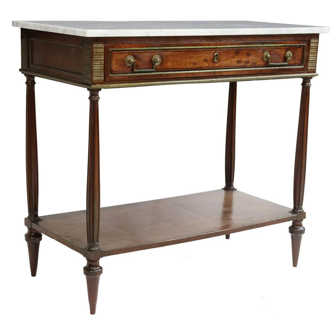 LOUIS XVI STYLE MARBLE-TOP MAHOGANY CONSOLE SERVER: French Louis XVI style mahogany server/ console table, early 20th c., marble top, over a single drawer, worn felt-lined interior, fluted supports, medial shelf, rising on tapered legs, approx 35"h, 39