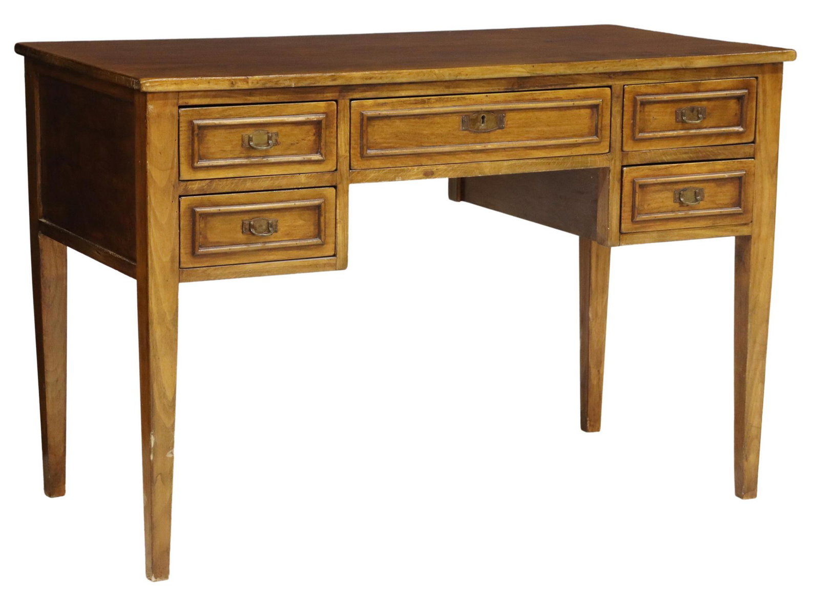 FRENCH PANELED WRITING DESK: French paneled writing desk, 20th c., having rectangular top, over central drawer flanked by two smaller drawers, patinated metal pulls, rising on tapered legs, approx 31.5"h, 47.25"w, 23.5"d Start Pr