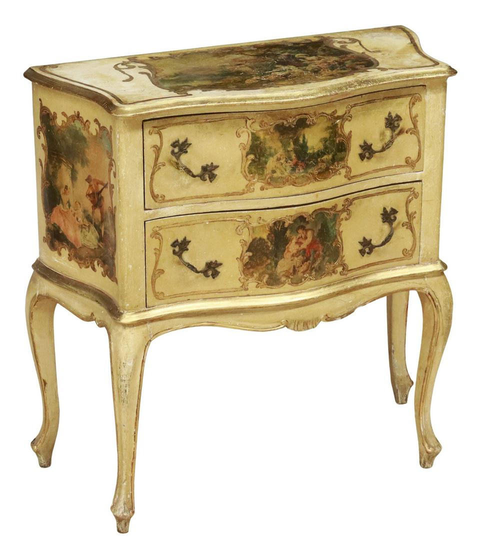 ITALIAN PARCEL GILT PAINTED & DECOUPAGE COMMODE: Italian Louis XV style parcel gilt and painted commode, 20th c., decoupage Rococo style prints, two drawers, rising on cabriole legs, approx 30.5"h, 30.75"w, 13.5"d Start Price: $250.00
