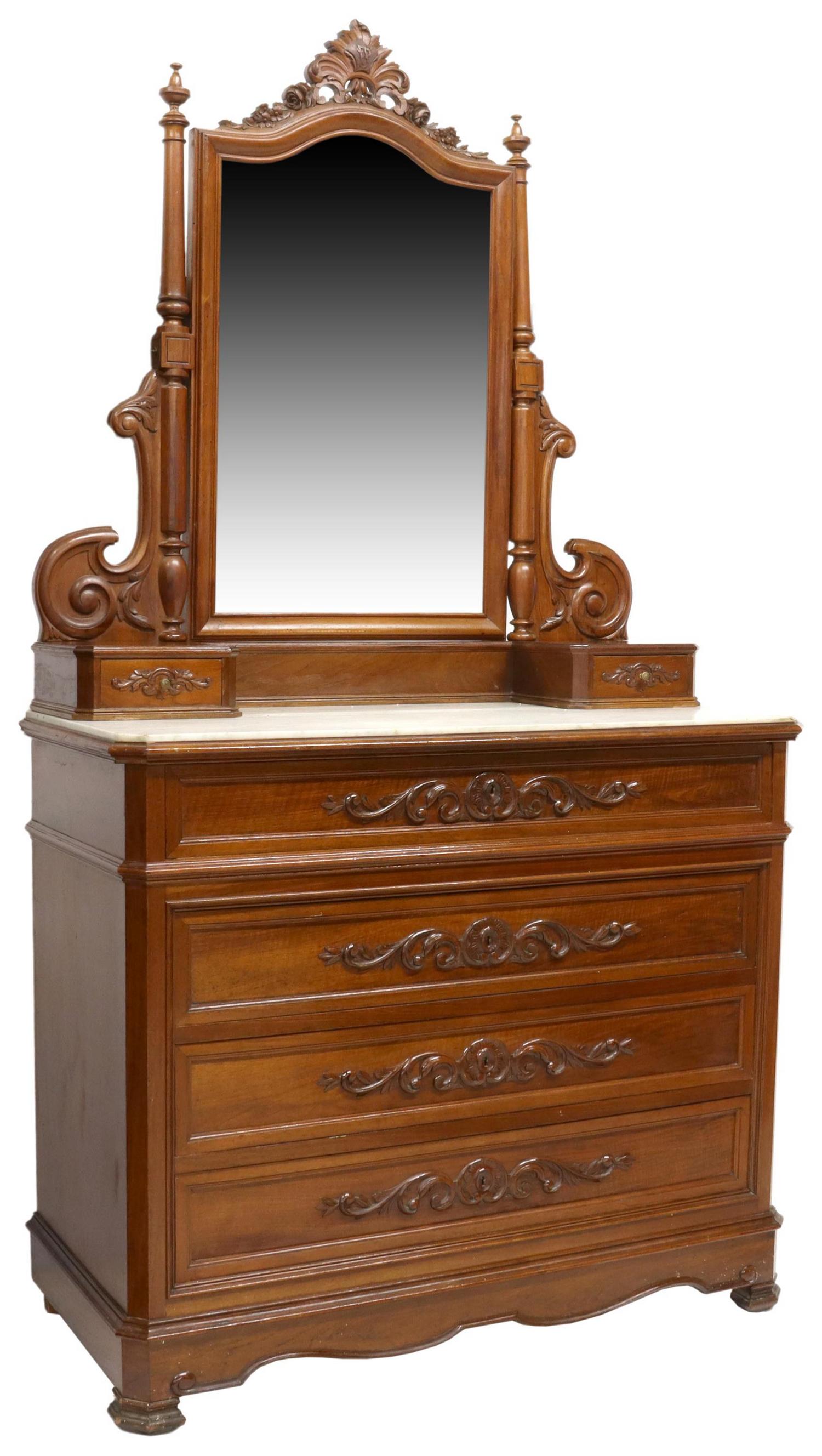 ITALIAN MARBLE-TOP COMMODE & MIRROR: Italian dressing commode, late 19th c., carved crest with monogram, beveled mirror plate, glove drawers surmounting the inset marble top, lower case fitted with four drawers, rising on bracket feet, r
