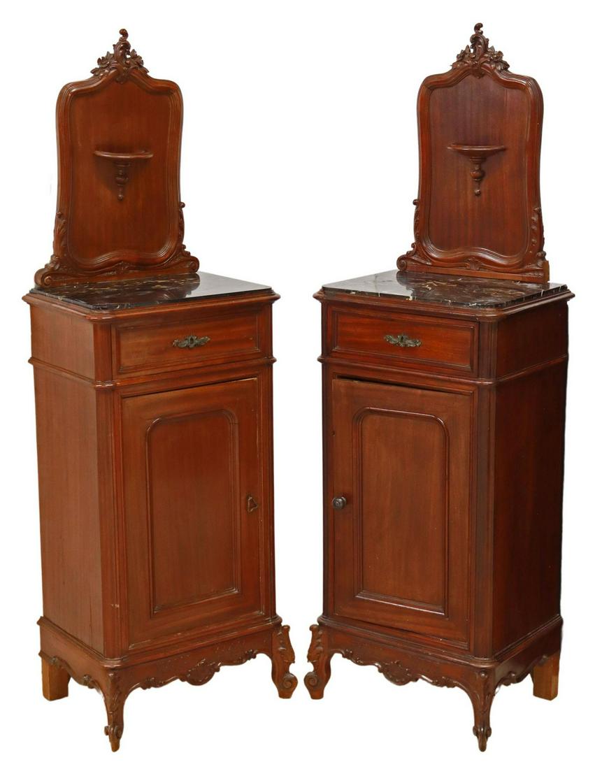 (2) LOUIS XV STYLE MARBLE-TOP MAHOGANY NIGHTSTANDS: (pair) Italian Louis XV style mahogany bedside cabinets, late 19th c., raised back with carved rocaille crest, demilune candle shelf, inset marble top, case fitted with a single drawer, over paneled c