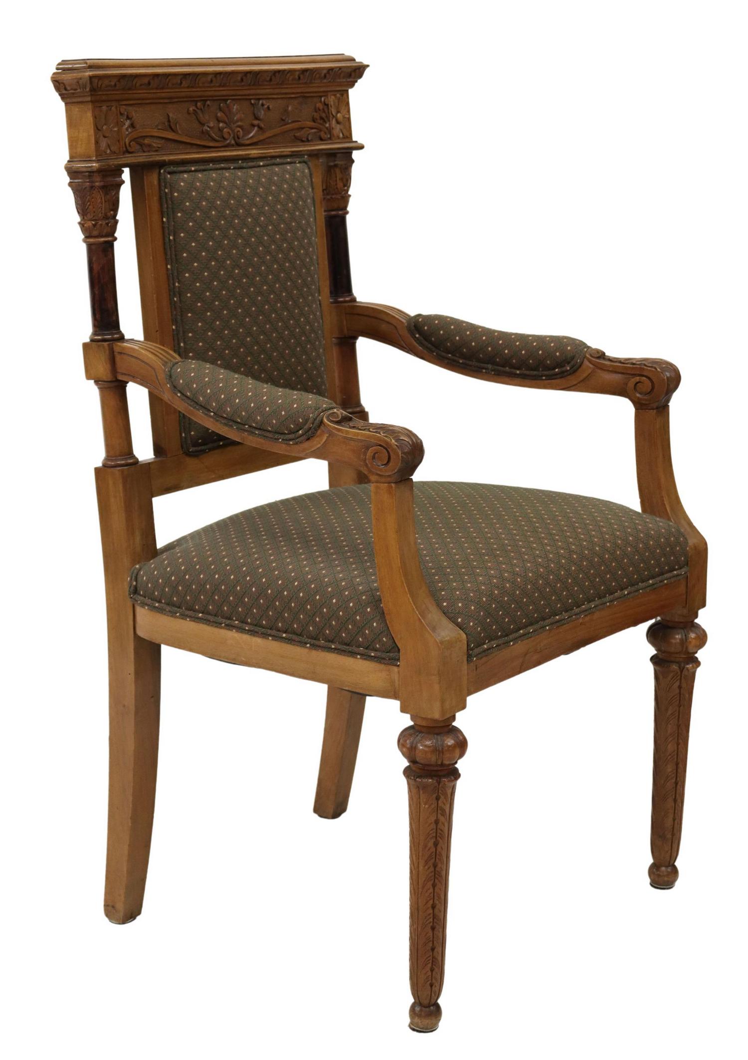 ITALIAN CARVED WOOD ARMCHAIR: Italian carved wood armchair, early 20th c., having upholstery on back, arms, and seat, carved floral ornamentation to back and legs, rising on tapered legs, approx 41.5"h, 23"w, 20.5"d, seat height: 