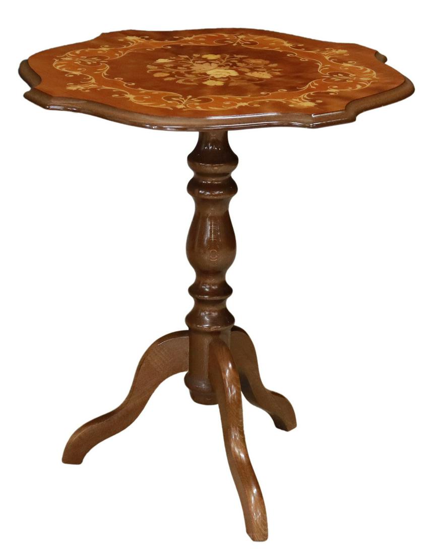 ITALIAN FLORAL MARQUETRY PEDESTAL SIDE TABLE: Italian burled walnut and oak side table, 20th c., shaped top with floral marquetry, rising on turned oak support, ending in curved tripartite base, approx 24.5"h, 22"diam Start Price: $60.00