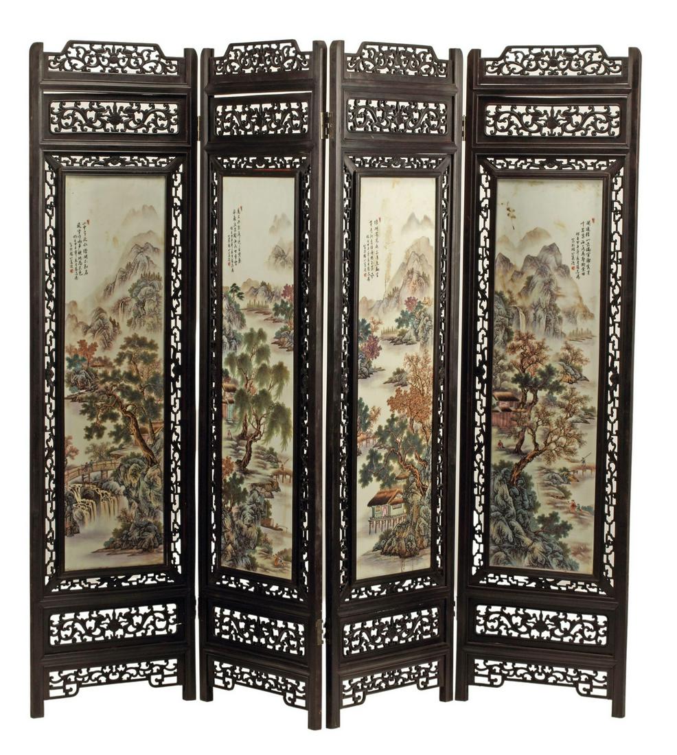 CHINESE PORCELAIN MOUNTED FOUR PANEL SCREEN: Chinese porcelain mounted four panel screen, each panel: approx 73.5"h, 20"w Start Price: $400.00