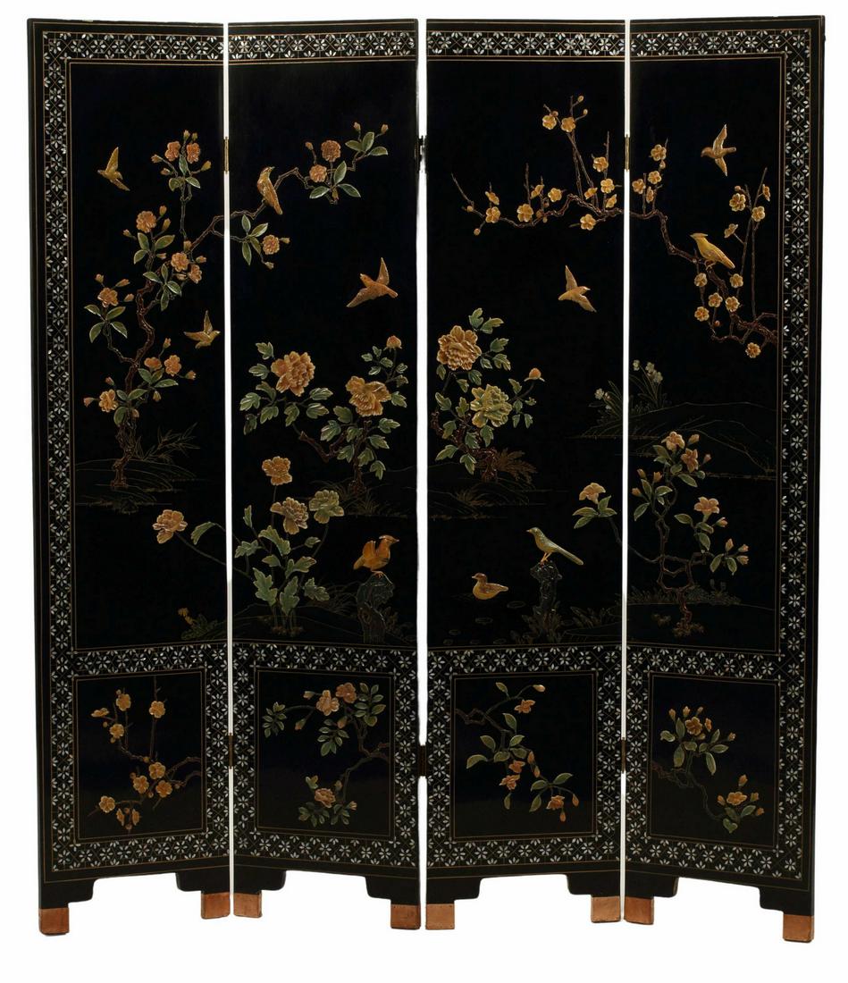 CHINESE LACQUERED & INLAID FOUR PANEL SCREEN: Chinese lacquered and inlaid four panel screen, each panel: approx 72"h, 16"w Start Price: $200.00