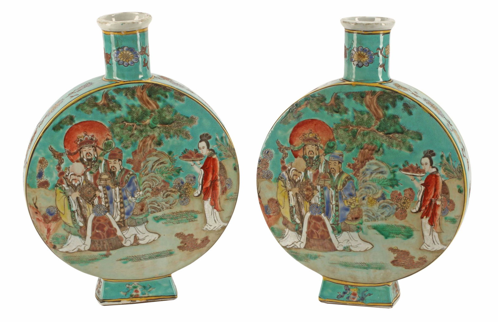 (2) CHINESE PORCELAIN MOON-FLASK VASES: (pair) Chinese porcelain moon-flask vases, honorific Qianlong style six-character mark underfoot, approx 15"h, 11.5"w, 3"d, 16lbs total Start Price: $250.00