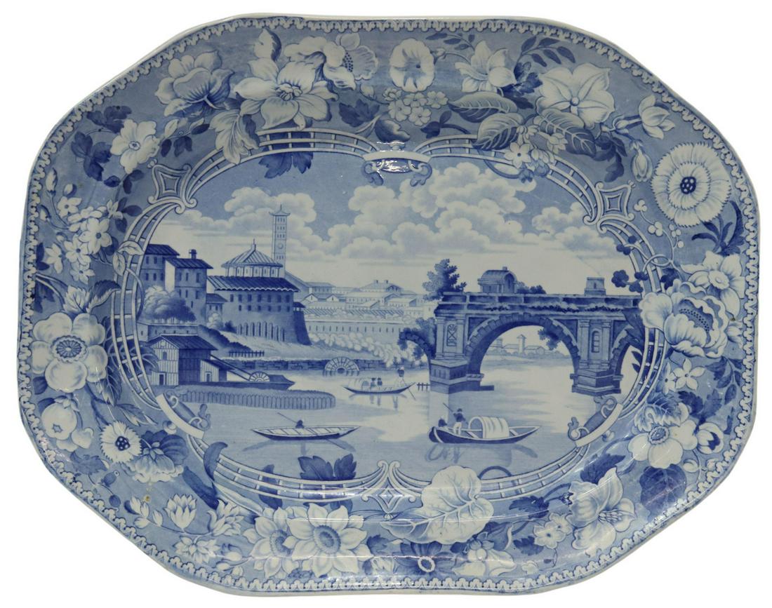ENGLISH STAFFORDSHIRE PONTE ROTTO SERVING PLATTER: English Staffordshire transferware serving platter, attributed to Lockett and Hulme, 19th c., floral border, central Italian view of Ponte Rotto, approx 2"h, 19"l, 15"w, 5.25lbs Start Price: $150.00