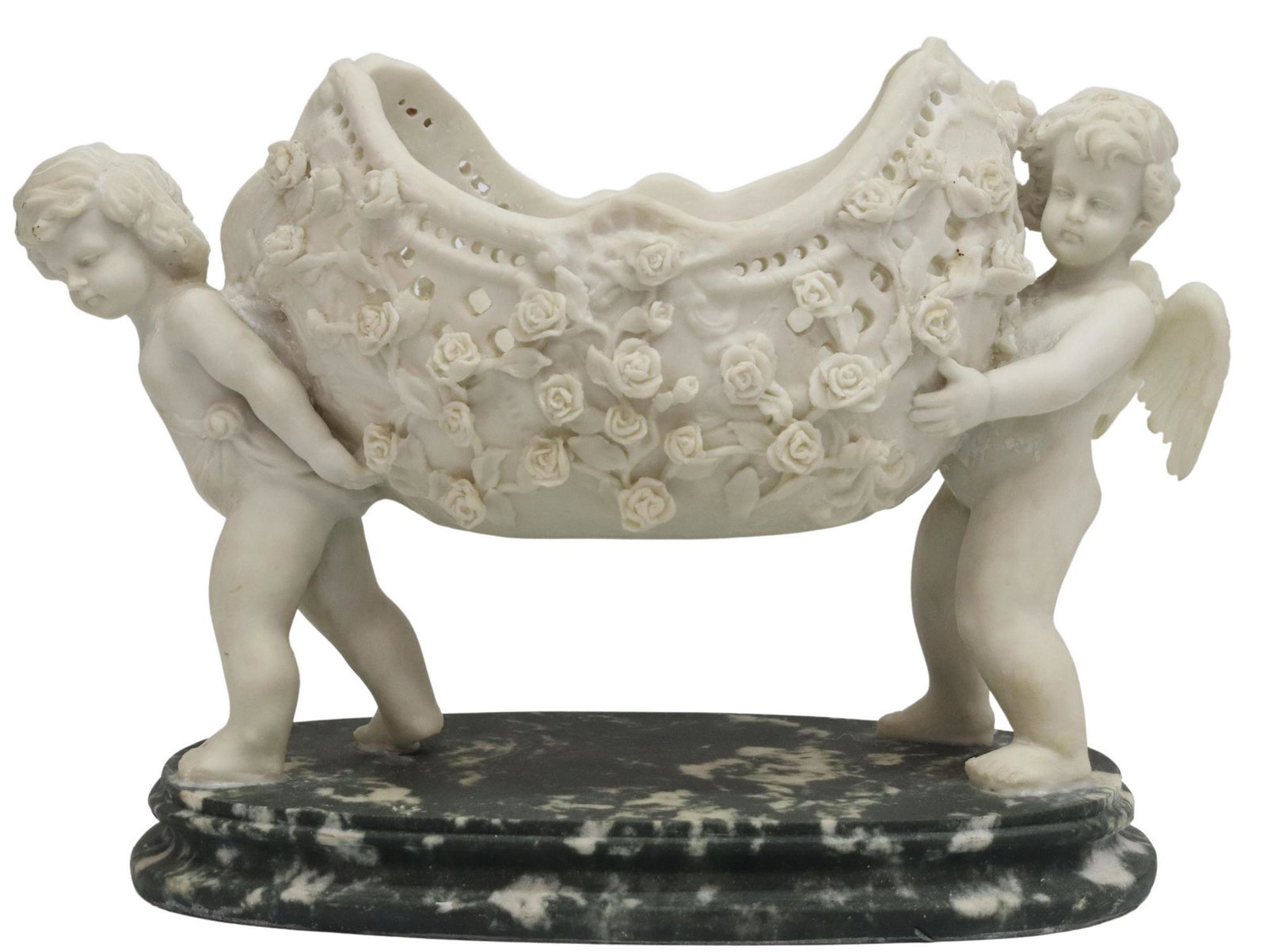 ROCOCO STYLE CULTURED MARBLE PUTTI CENTERPIECE: Rococo style cultured marble centerpiece, late 20th c., pierced basket with roses, supported by winged putti, approx 13"h, 18.5"w, 8"d, 21.5lbs Start Price: $150.00