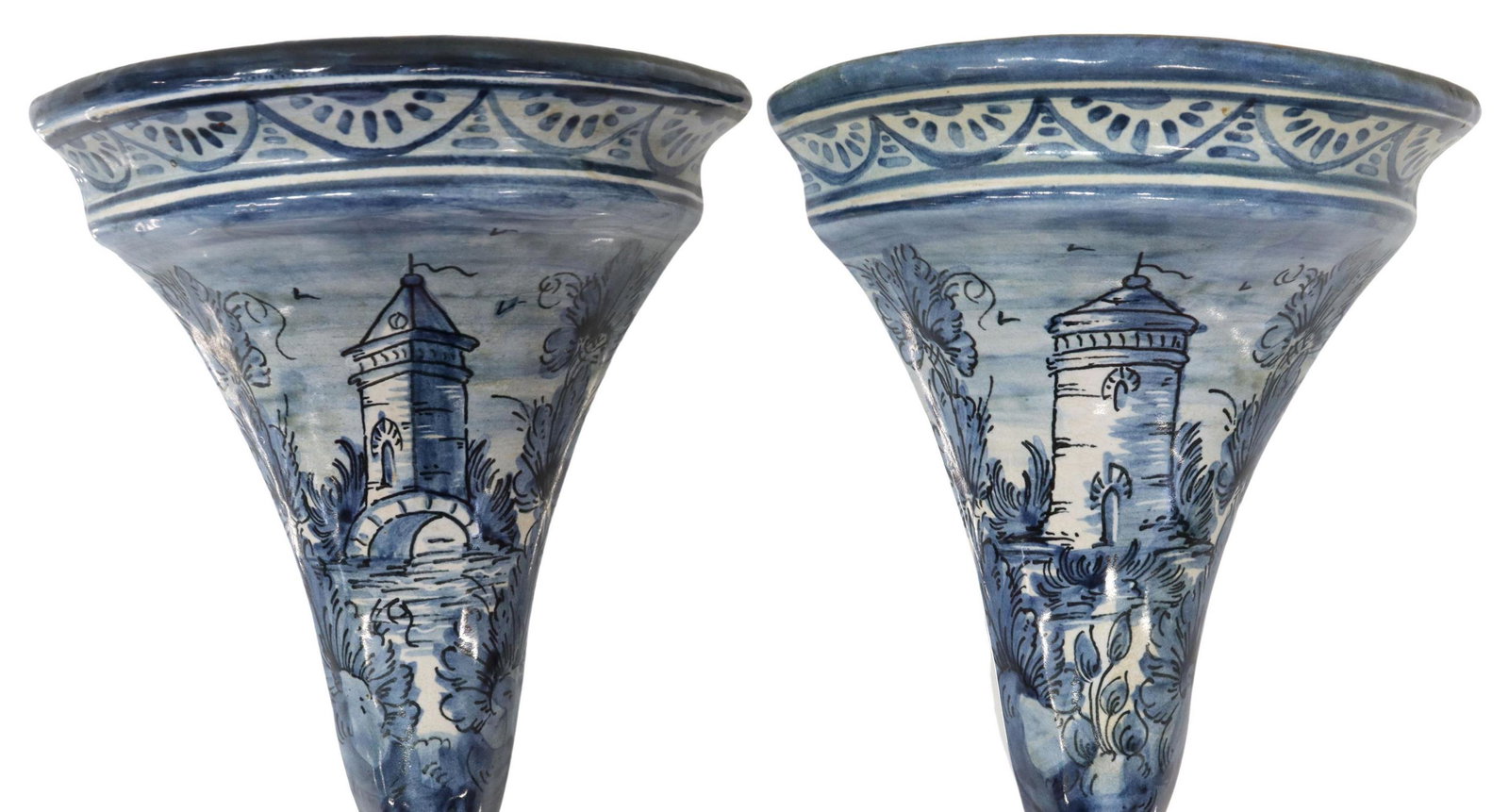 (2) ITALIAN ALBISOLA MAJOLICA CORNER WALL BRACKETS: (lot of 2) Italian Albisola majolica corner brackets, blue and white glaze, landscape scenes with towers, lantern style mark, approx 8.5"h, 5.25"w, 4.5"d, 1lbs total Start Price: $100.00