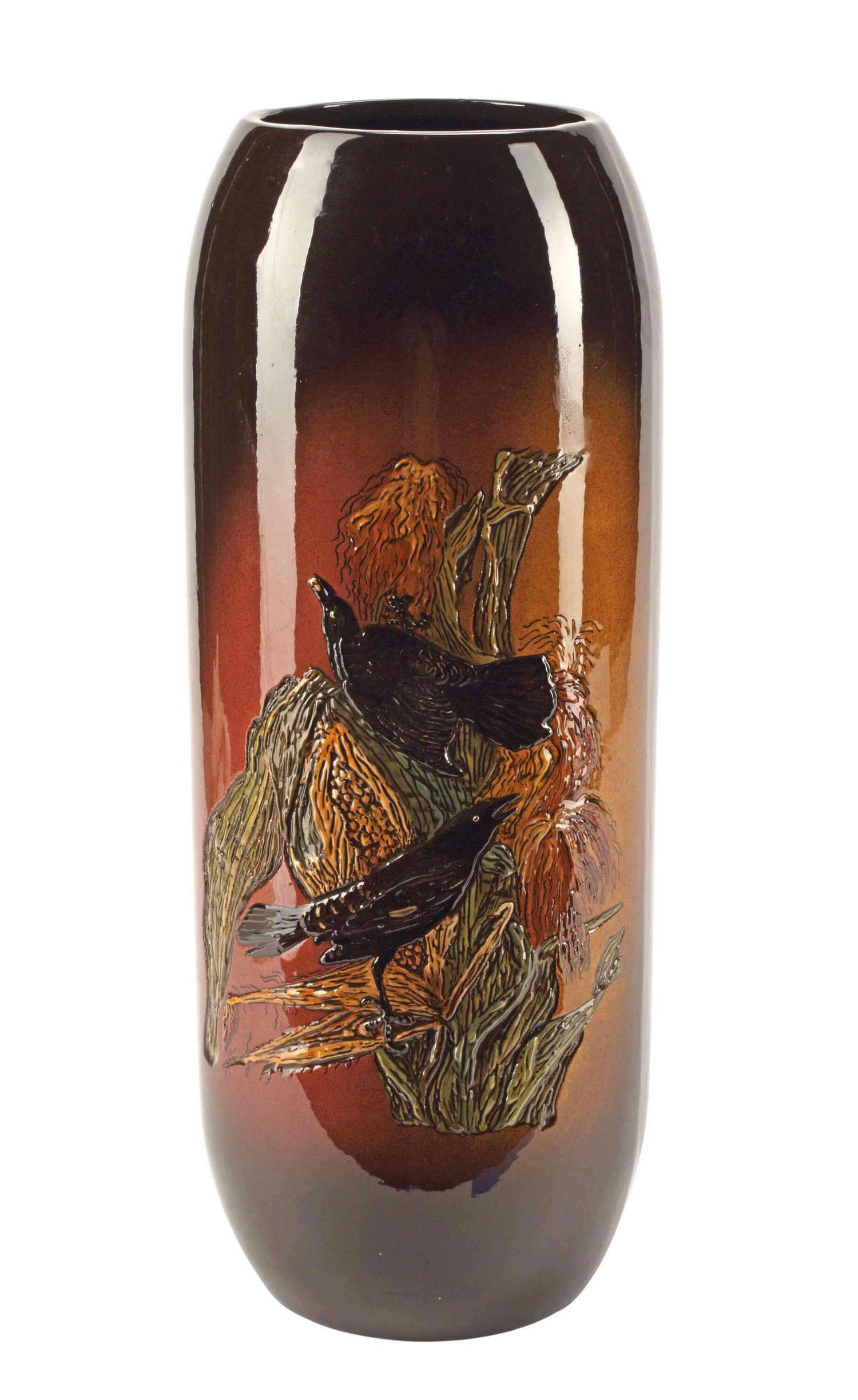 LARGE FRA MAE AMERICAN ART POTTERY VASE: American art pottery vase, Fra Mae, Frank Steel (b.1936) and Anna Mae Steel (1937-2019), decorated with blackbirds perched on corn stalk, approx 18"h, 7"diam, 8.75lbs Start Price: $80.00