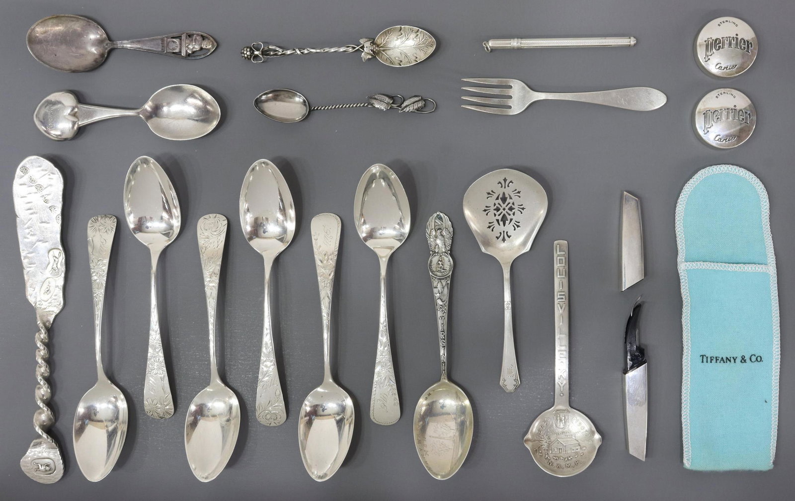 (19) STERLING FLATWARE & OTHER ITEMS, 10.28 OZT: (lot of 19) Assorted sterling silver flatware and accessories, highlights include: (6) Gorham teaspoons, (three) varied floral patterns, all monogrammed, 5.75"l, (1) Tiffany & Company sterling-cased s
