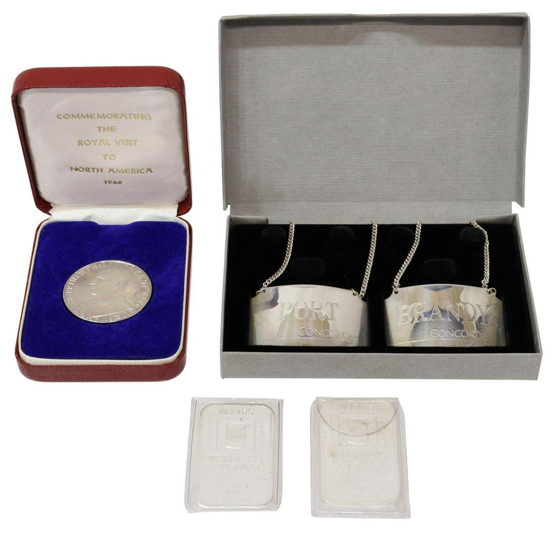 5) .999 FINE SILVER INGOTS, STERLING DECANTER TAGS: (lot of 5) Silver, including: (2) .999 fine silver ingot bars, one troy ounce each, Valvoline Apollo Oil, Kentucky, (1) commemorative medal, H.R.H. The Prince Philip, Duke of Edinburgh, royal visit to