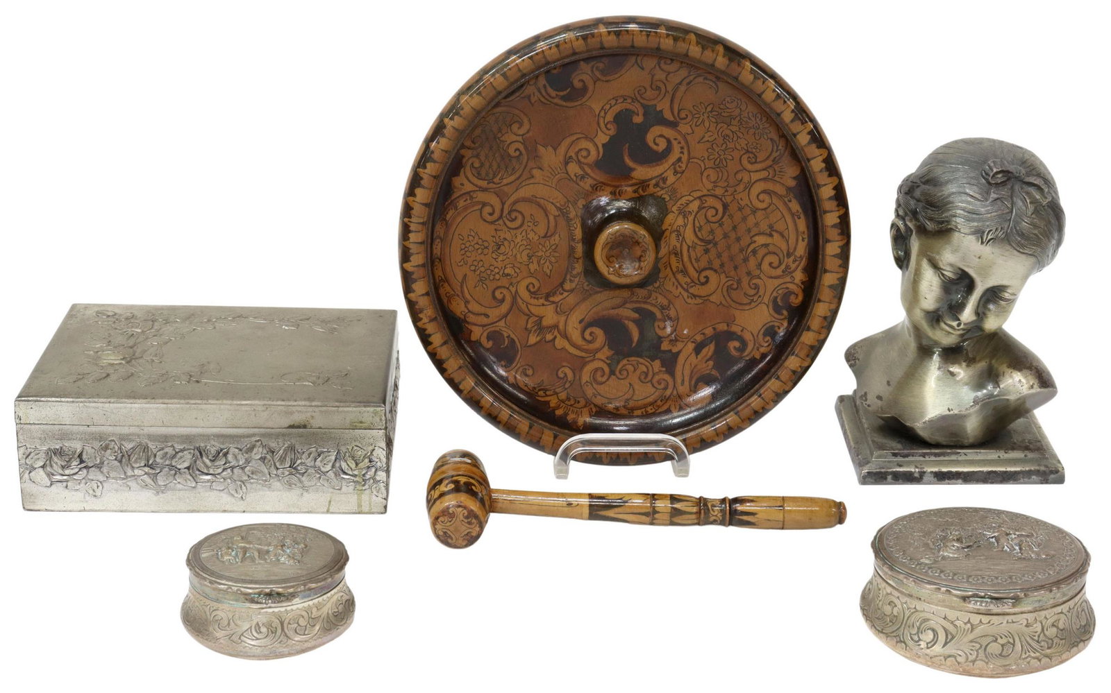 (5) DECORATIVE ITEMS, DRESSER BOXES, NUT CRACKER: (lot of 5) Decorative wood and metal items, 20th c., including: (1) painted wood nut cracker bowl and hammer, approx 10"diam; (1) metal bust of a young girl with braids, approx 8"h, 4.5"w, 4.5"d; (1) 