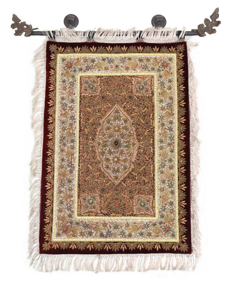 ZARDOZI STYLE JEWELED & EMBROIDERED TAPESTRY: Zardozi style tapestry, on red velvet ground with floral gold-toned metallic embroidery, including hard stone cabochons, inclusive of curtain rod in the shape of a branch, approx 2'11"h, 2'w, rod - ap