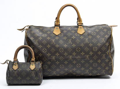 (2) LOUIS VUITTON "SPEEDY MINI" & "SPEEDY 40" BAGS: (lot of 2) Louis Vuitton "Speedy" handbags, each in brown monogram coated canvas, with tan vachetta leather trim, brass hardware, including: (1) "Mini Speedy" handbag, having dual rolled leather