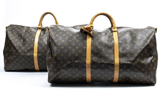 (2) LOUIS VUITTON "KEEPALL 60" CANVAS DUFFLE BAGS: (lot of 2) Louis Vuitton "Keepall" duffle bags, in brown monogram coated canvas, with brass hardware, tan vachetta leather trim, including: (1) "Keepall Bandouliere 60", with dual rolled top handles,