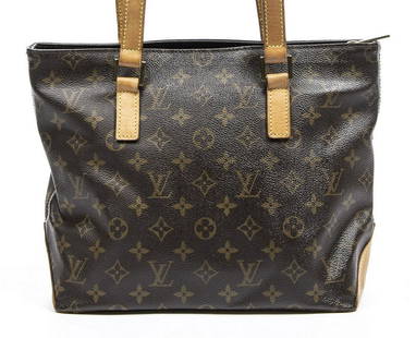 LOUIS VUITTON "CABAS PIANO" MONOGRAM CANVAS BAG: Louis Vuitton "Cabas Piano" shoulder bag, in brown and tan monogram coated canvas, with gold-tone hardware, tan vachetta leather trim, dual flat shoulder straps, top zip closure opening to brown