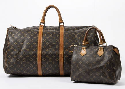 (2) LOUIS VUITTON MONOGRAM 'SPEEDY' & 'KEEPALL': (lot of 2) Louis Vuitton handbag and duffle bag, in monogram coated canvas, with brass hardware, tan Vachetta leather trim, including: (1) "Speedy" handbag, with dual rolled top handles, zip closure