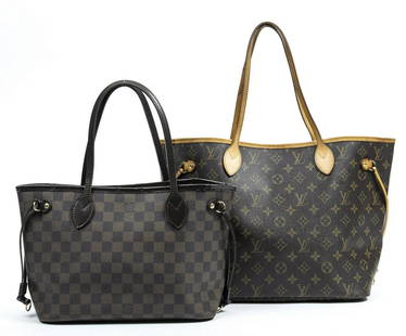 (2) LOUIS VUITTON "NEVERFULL" TOTE/SHOULDER BAGS: (lot of 2) Louis Vuitton "Neverfull" tote/shoulder bags, including: (1) in monogram coated canvas, with brass hardware, tan vachetta leather trim, dual flat shoulder straps, drawstring adjustments at