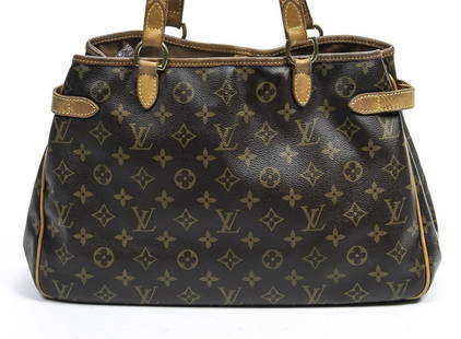 LOUIS VUITTON BATIGNOLLES HORIZONTAL SHOULDER BAG: Louis Vuitton "Batignolles Horizontal" shoulder bag, in brown and tan monogram coated canvas, with gold-tone hardware, tan vachetta leather trim, dual buckle expansions to sides, dual flat shoulder