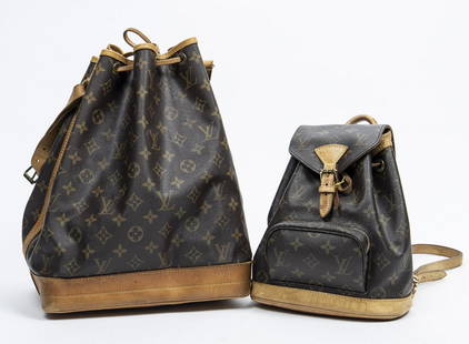 (2) LOUIS VUITTON "MONTSOURIS PM" & "NOE GM" BAGS: (lot of 2) Louis Vuitton bags, in brown monogram coated canvas, with brass hardware, tan vachetta leather trim, including: (1) "Montsouris PM" backpack, with rolled leather top handle, dual