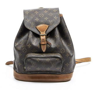 LOUIS VUITTON "MONTSOURIS" MONOGRAM BACKPACK: Louis Vuitton "Montsouris" backpack, in brown and tan monogram coated canvas, with gold-tone hardware, tan vachetta leather trim, dual adjustable shoulder straps, metal top handle, front exterior zip