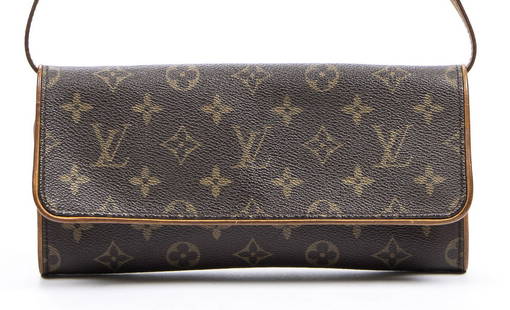 LOUIS VUITTON "POCHETTE TWIN GM" SHOULDER BAG: Louis Vuitton "Pochette Twin GM" shoulder bag, in brown and tan monogram coated canvas, with gold-tone hardware, tan vachetta leather trim, flat shoulder strap, magnetic snap closure at front flap,