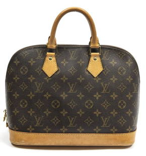 LOUIS VUITTON "ALMA PM" MONOGRAM CANVAS HANDBAG: Louis Vuitton "Alma PM" handbag, in brown and tan monogram coated canvas, with brass hardware, tan vachetta leather trim, dual rolled handles, brown canvas lining, zip closure at top, single interior