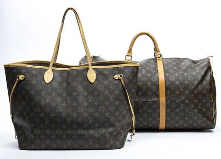 (2) LOUIS VUITTON "KEEPALL 60" & "NEVERFULL" BAGS: (lot of 2) Louis Vuitton bags, each in brown monogram coated canvas, with tan vachetta leather trim, brass hardware, including: (1) "Keepall 60" duffle bag, having dual rolled handles, two-way zip