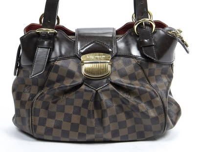 LOUIS VUITTON "SISTINA PM" DAMIER SHOULDER BAG: Louis Vuitton "Sistina PM" shoulder bag, in brown Damier Ebene coated canvas, with gold-tone hardware, brown leather trim, dual flat adjustable shoulder straps, push-lock closure at front, top zip clo