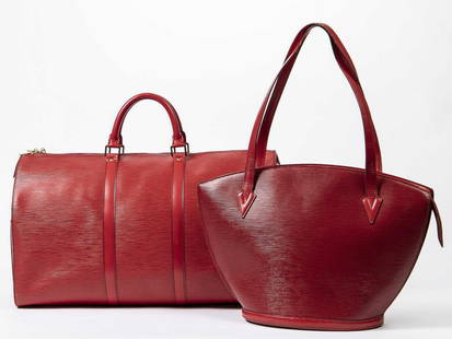 (2) LOUIS VUITTON 'KEEPALL 50' & 'ST JACQUES' BAGS: (lot of 2) Louis Vuitton bags, including: (1) "Keepall 50" travel bag, in red Epi leather, having gold hardware, dual rolled handles, exterior slip pocket, dual zip closure at top, tonal interior