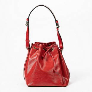 LOUIS VUITTON 'NOE PM' BUCKET BAG RED EPI LEATHER: Louis Vuitton "Noe PM" bucket bag, in red Epi leather, with brass hardware, single adjustable flat shoulder strap, drawstring closure at top, opening to black Alcantara lining, interior key tab, some