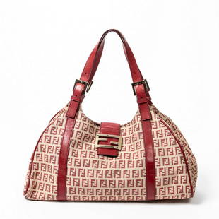 FENDI SHOULDER BAG RED & BEIGE ZUCCA CANVAS: Fendi shoulder bag, in red and beige Zucca canvas, having red leather trim, gold hardware, dual flat leather handles, buckle with snap closure at top, red interior lining, single interior zipper