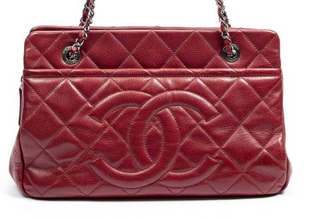 CHANEL "TIMELESS" RED CAVIAR LEATHER SHOULDER BAG: Chanel "Timeless" shoulder bag, in quilted red Caviar leather, with silver-tone hardware, dual slip pockets at front and back face, interlocking "CC" logo at front face, dual interlaced chain/leather