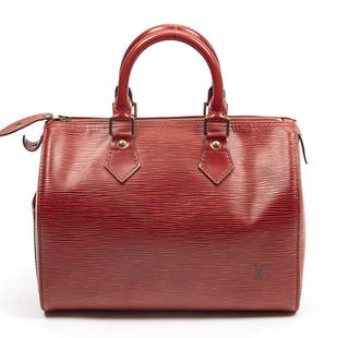 LOUIS VUITTON "SPEEDY 25" RED EPI LEATHER HANDBAG: Louis Vuitton "Speedy 25" handbag, in red Epi leather, with brass hardware, dual rolled handles, single exterior slip pocket, top zip closure opening to unlined interior with single slip pocket,