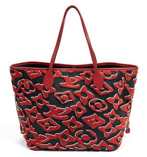 LOUIS VUITTON "URS FISCHER NEVERFULL MM" TOTE BAG: Louis Vuitton "Ltd. Ed. Urs Fischer Tufted Neverfull MM" tote bag, in black coated canvas, with red and white tufted monogram accents, gold-tone hardware, red leather trim, dual flat shoulder straps,