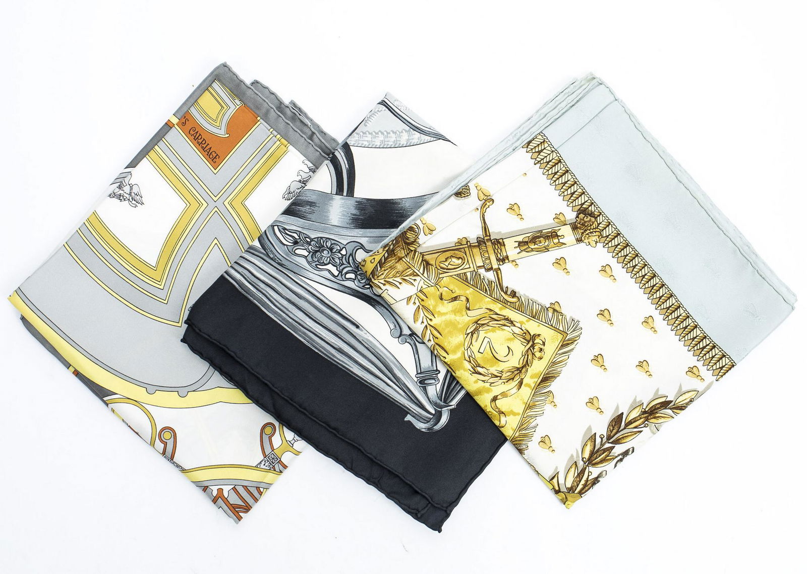 (3) HERMES SILK TWILL & JACQUARD SCARVES, "ETIERS" (1 of 7)