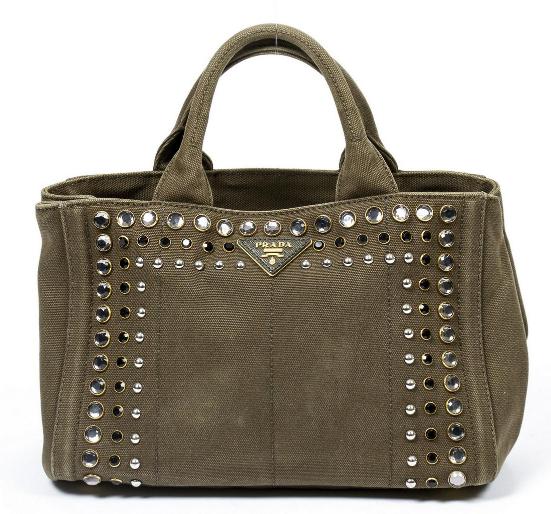 PRADA 'CANAPA' STUDDED OLIVE CANVAS HANDBAG (1 of 7)