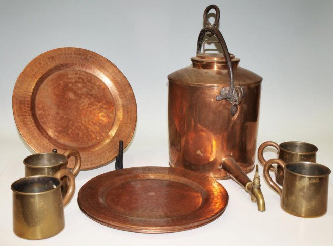 OLD CONTINENTAL & MEXICO COPPER & IRON TABLEWARE: (lot of 11) Group of old copper including Mexican mugs and hammered chargers and antique Continental jug, 'J. Burgess Hastings' with long spout, brass spigot, forged iron handle, 12"h, 9"diam, 16lbs S