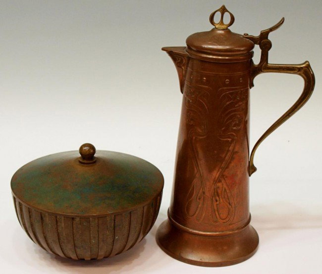 (2) WMF CHOCOLATE POT & DANISH BRONZE BOWL: (lot of 2) WMF Art Nouveau copper chocolate pot with floral motif, small chip to lid 11 1/2" h, 7" w, 5"diam; together with (1) Danish bronze covered bowl marked "Made in Demark", "Linos", "Bronze", 5
