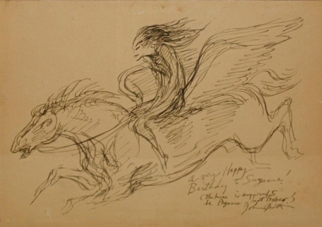 FRAMED INK DRAWING, PEGAUS, JOHN GROTH, TEXAS: Framed ink drawing on board, "Pegaus", signed lower right with sentiment John Groth (20th c., associated with the University of Texas), sight: 9.5"h, 13.75"w, overall: 18.75"h, 22.75"w, 4.5lbs Start P