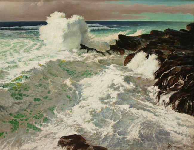 FRAMED PAINTING, SEASCAPE, ROBERT DOARES 1911-2005: Framed oil painting on board, Seascape, signed lower right Doares (Robert Glenn Doares, North Carolina, 1911-2005), sight: 26.25"h, 35.25"w, overall: 32"h, 41"w, 14.25lbs Start Price: $500.00