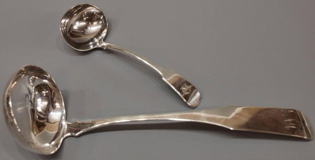 A E WARNER BALTIMORE SILVER LADLE, 1818 & STERLING: (lot of 2) An American silver ladle, Andrew Ellicott Warner, Baltimore, bearing the Baltimore Baltimore Assay Office mark, 1818, the Head of Liberty mark, monogrammed, 10"l; together with (1) Mackay &