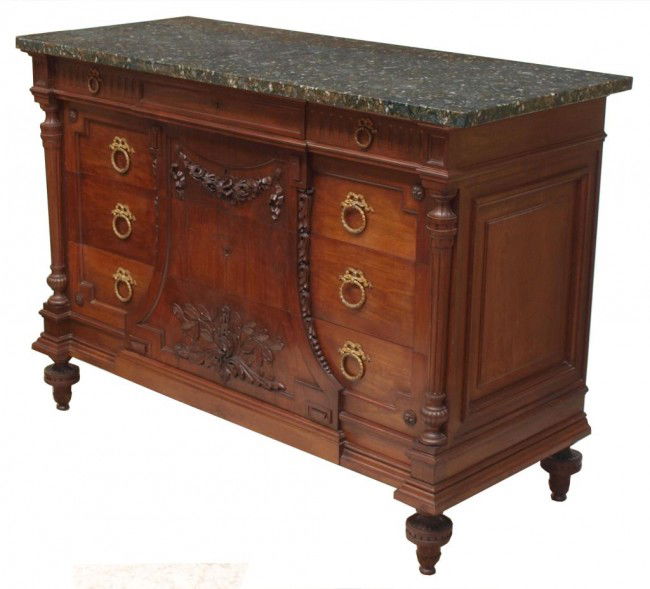 ITALIAN GRANITE TOP CHEST BY VITTORIO VALABREGA: Italian Louis XVI style mahogany dresser, c. 1900, rectangular form with later granite top over four drawers, the first bearing the tag of Vittorio Valabrega (Turin, Italy, 1861-1952), the drawer face