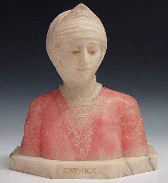 ARTIST SIGNED ALABASTER & MARBLE BUST, BEATRICE: Marble and alabaster bust, c. 1920, entitled Beatrice (Beatrice di Folco Portinari 1266?1290, Florentine woman known as the muse of the poet Dante), signed at back Prof. Libero Gremigni, 10.5"h, 9.75"