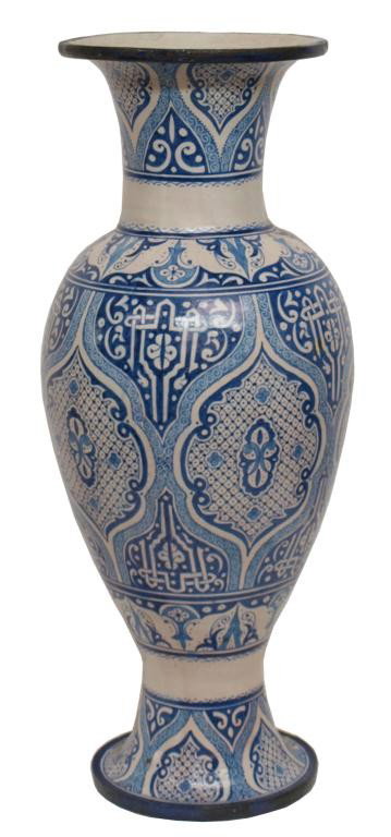 LARGE MOROCCAN CERAMIC BLUE & WHITE BALUSTER URN: Moroccan ceramic baluster urn in blue and white, a flared mouth above the bulbous body raised on a pedestal foot, thoroughly decorated in Arabesque patterns on a white ground, marked at bottom, minor 