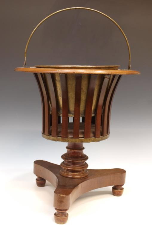ENGLISH MAHOGANY SLATTED WINE COOLER: English mahogany slatted cooler, 19th c., tripartite base on bun feet, 15"h, 13.75"w, 4.75lbs Start Price: $100.00